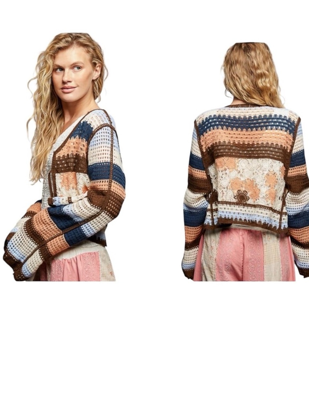 POL 🤩 Crochet V-Neck Knit Cardigan Long Bell Sleeve Cardigan